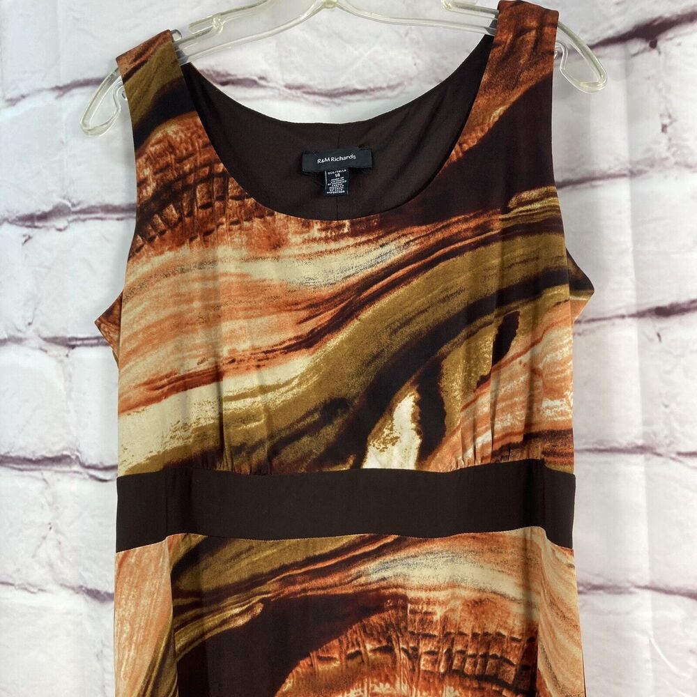 R&M Richards Dress Size 14 Brown Pullover Sleeveless Dressy Abstract Stretch